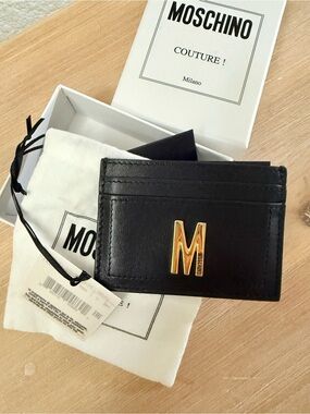 Moschino Black Leather Card Holder with Gold M Emblem